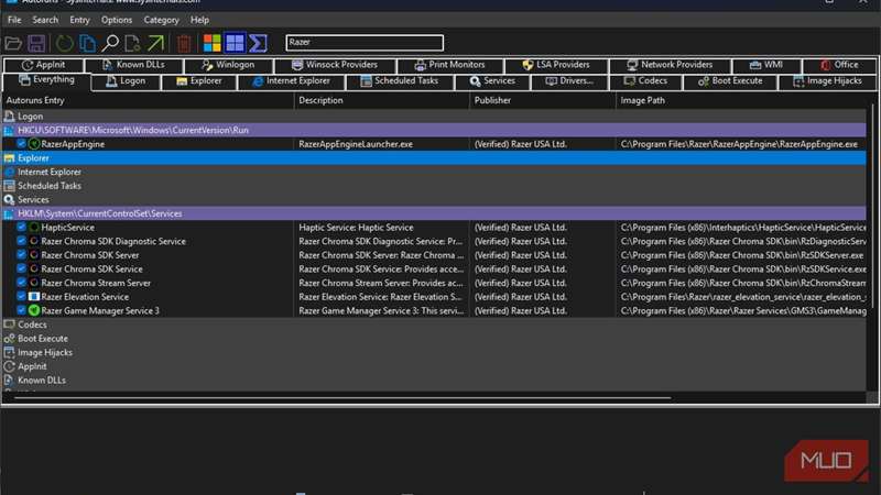 ورودی‌های ریزر در Autoruns