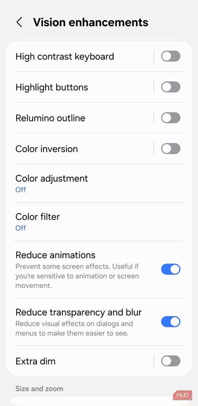 گزینه‌های کاهش انیمیشن و شفافیت