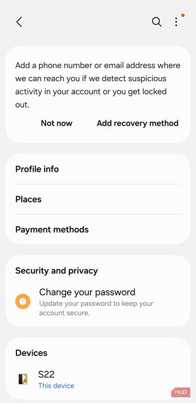 منوی حساب سامسونگ در گوشی گلکسی