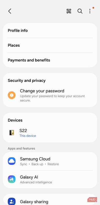 تنظیمات حساب سامسونگ