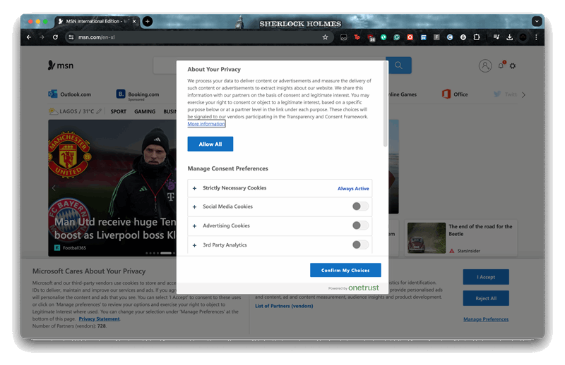 تنظیمات پنجره‌های بازشوی کوکی‌ها در MSN.com