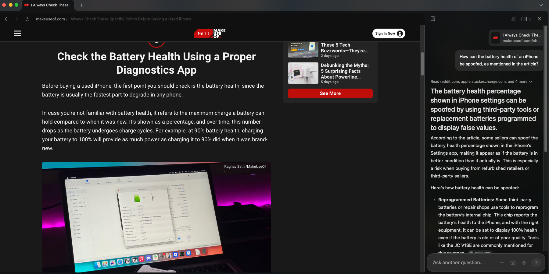 مقاله MakeUseOf باز روی Dia با نوار کناری AI در سمت راست