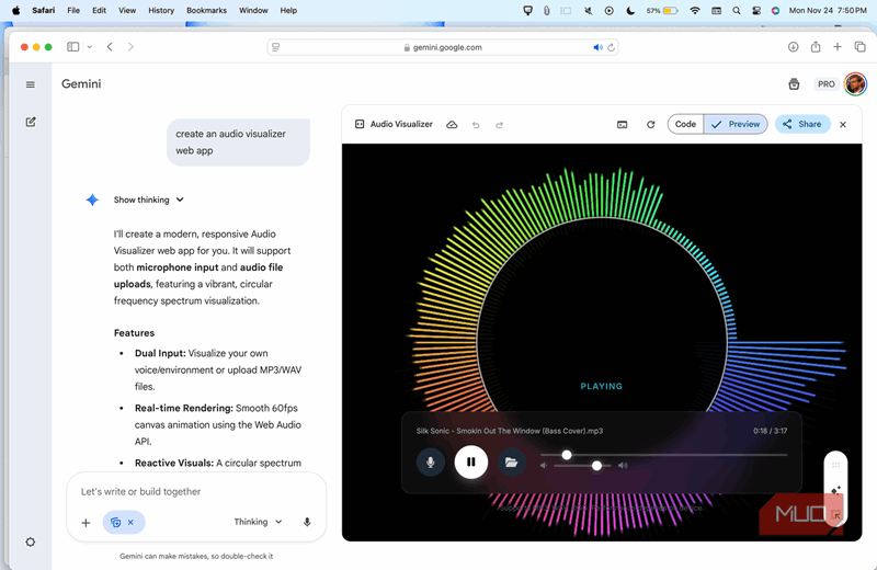 نمایشگر موسیقی که من در Gemini Canvas ساخته‌ام.