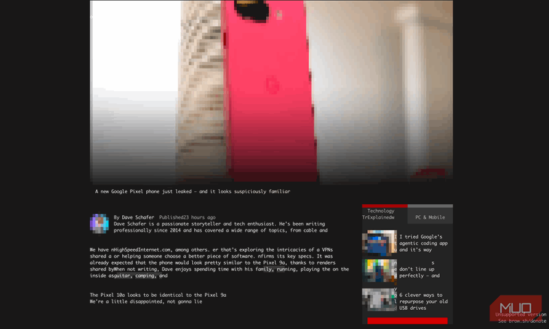 مقاله MakeUseOf باز شده در Browsh