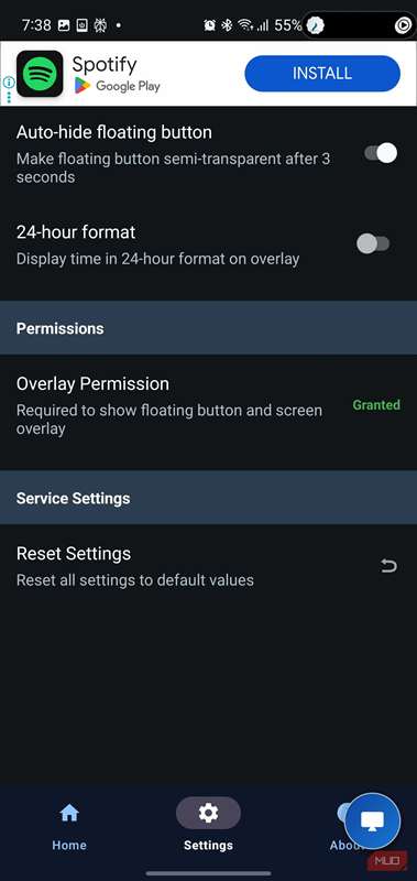 منوی تنظیمات ScreenVeil که سوئیچ‌های تغییر وضعیت برای دکمهٔ شناور، قالب زمان و مجوزهای پوشش را فهرست می‌کند.