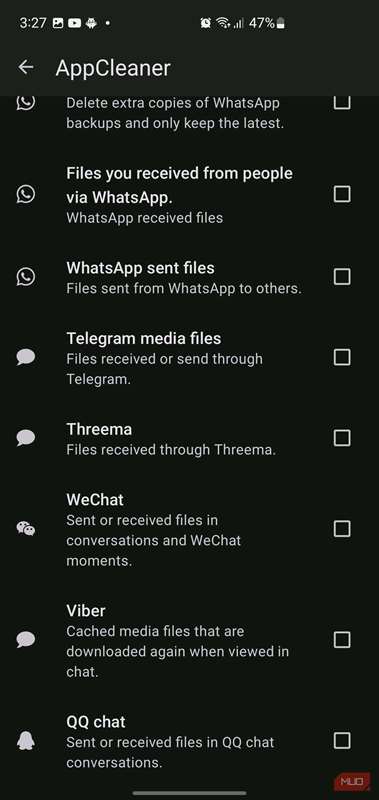 منوی AppCleaner در SD Maid SE که گزینه‌های پاکسازی خاص برای فایل‌های WhatsApp و Telegram را فهرست می‌کند.