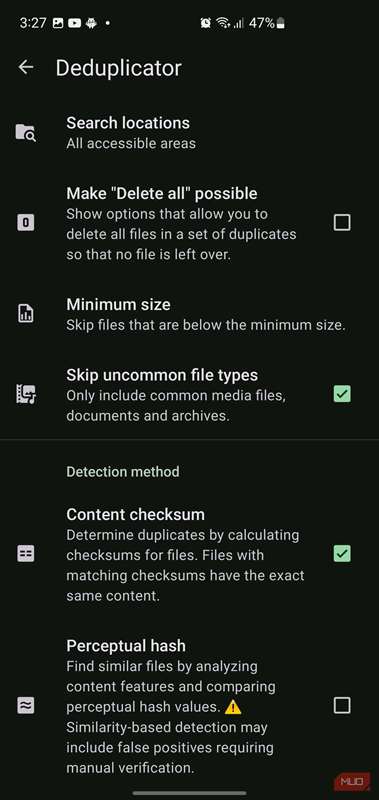 تنظیمات Deduplicator در SD Maid SE که گزینه‌های مکان‌های جستجو، محدودیت‌های اندازه فایل و روش‌های تشخیص چک‌سام را ارائه می‌دهد.