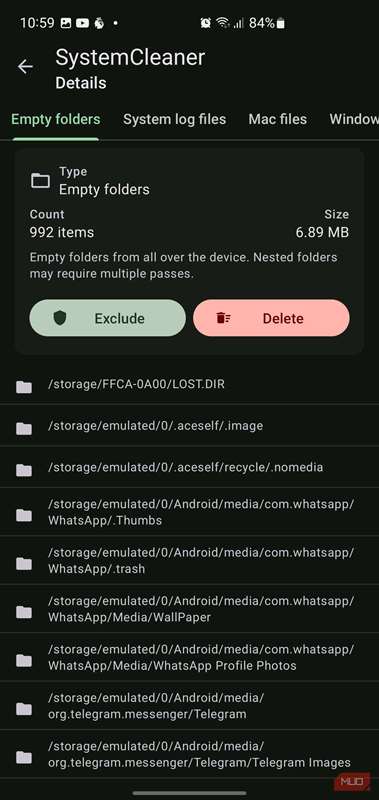 نمایش جزئیات SystemCleaner در SD Maid SE که فهرست خاصی از پوشه‌های خالی شناسایی‌شده برای حذف را نشان می‌دهد.