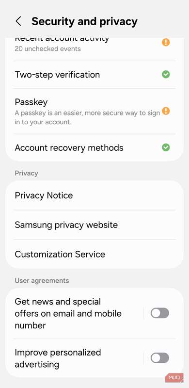 منوی امنیت و حریم خصوصی در حساب‌های سامسونگ