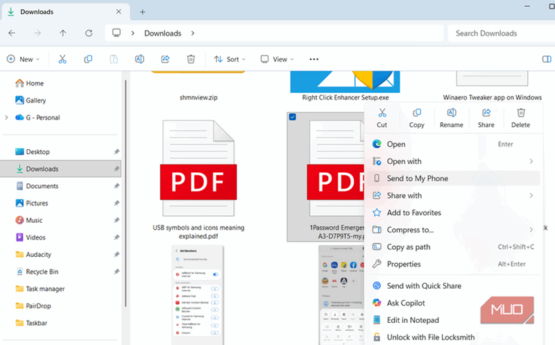 گزینه ارسال فایل به تلفن در منوی زمینه