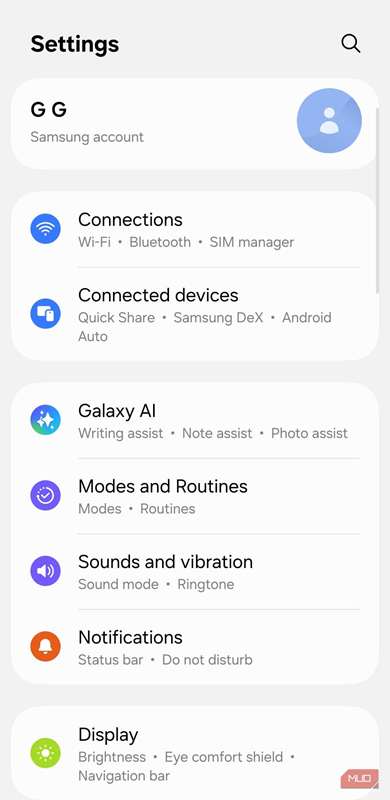 منوی تنظیمات در گوشی گلکسی