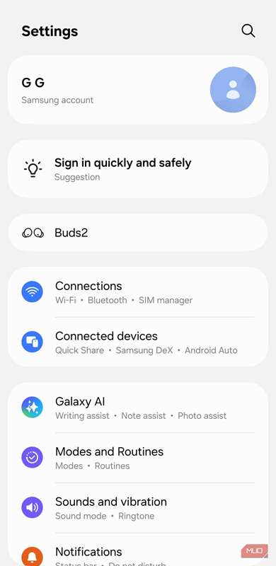 منوی تنظیمات در گوشی سامسونگ