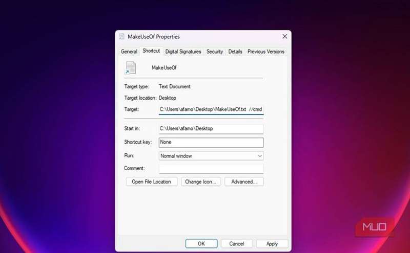 میانبر ایجاد‌شده برای یک فایل متنی