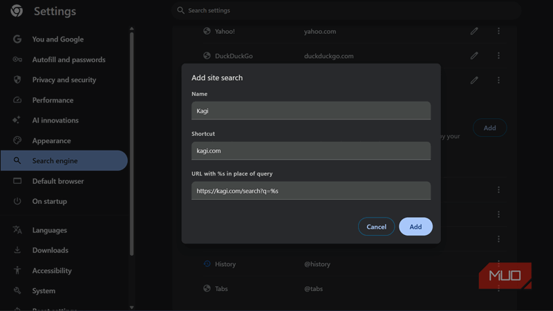 کادر دیالوگ جستجوی سایت در تنظیمات گوگل کروم