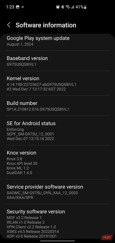 صفحه جزئیات اطلاعات نرم‌افزاری که شماره ساخت مورد نیاز برای فعال‌سازی حالت توسعه‌دهنده را لیست می‌کند