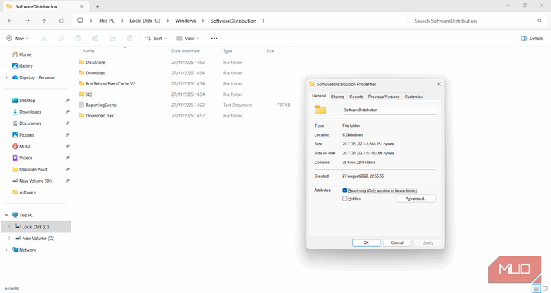پنجره ویژگی‌های SoftwareDistribution که اندازه پوشه را نشان می‌دهد