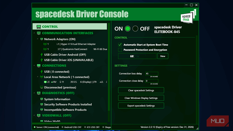 پنجره کنسول درایور Spacedesk.