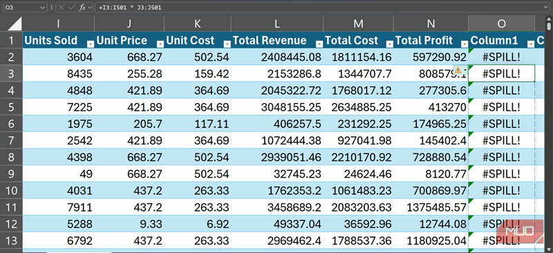 خطای اسپیل در اکسل.