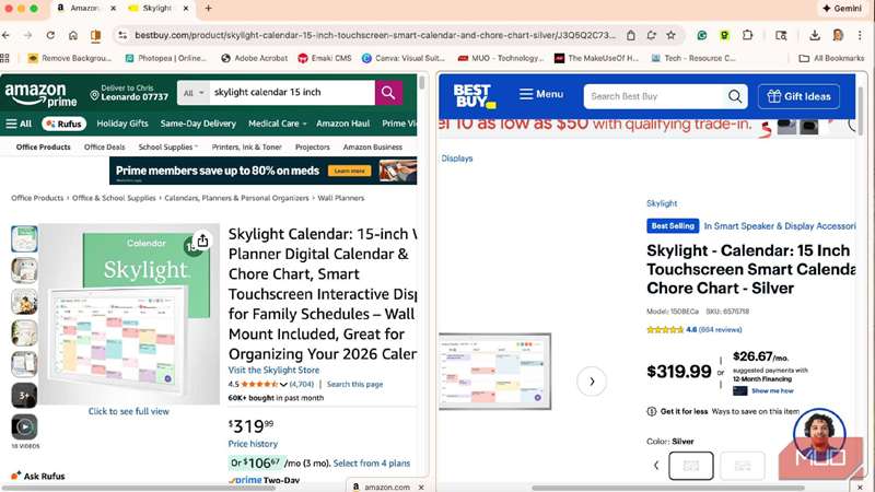 مقایسهٔ همان محصول در دو فروشگاه با نمای تقسیم گوگل کروم