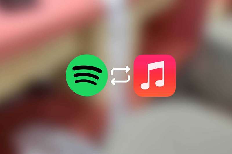 آیکونهای Spotify و Apple Music با یک فلش انتقال بین آنها