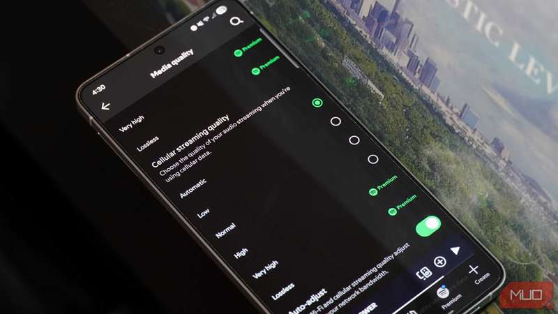 تنظیمات کیفیت رسانه Spotify روی یک گوشی Android.