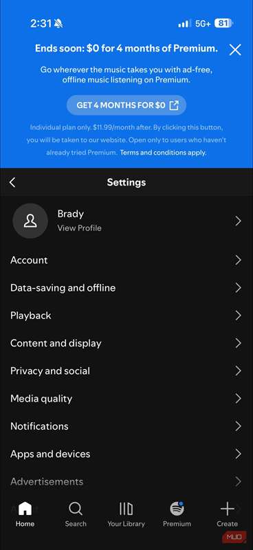 گزینه‌های منوی تنظیمات در برنامه Spotify برای iOS