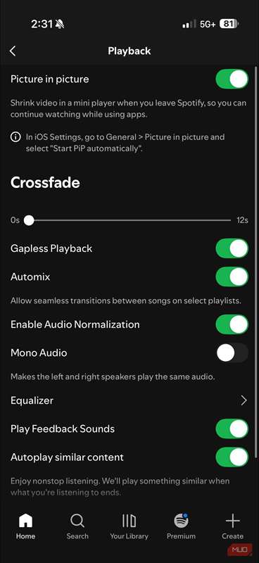 دکمهٔ تغییر حالت نرمالیزه‌سازی صدا در برنامه Spotify