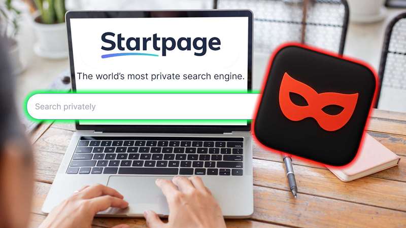 موتور جستجوی startpage روی صفحه لپ‌تاپ با لوگوی ماسک.