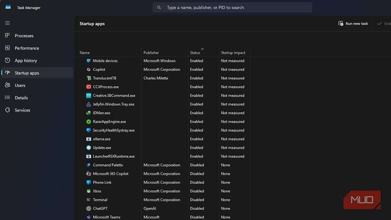 برنامه‌های راه‌اندازی در مدیر وظایف ویندوز