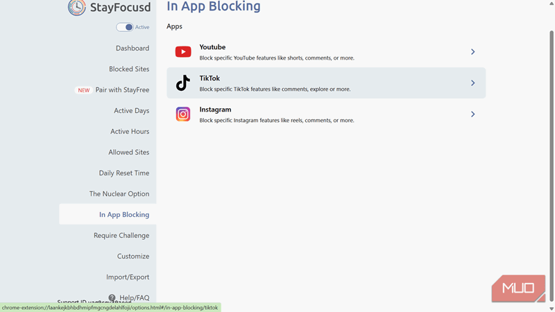 لیست مسدودسازی درون برنامه‌ای StayFocusd که محدودیت‌های خاص برای YouTube، TikTok و Instagram را نشان می‌دهد.