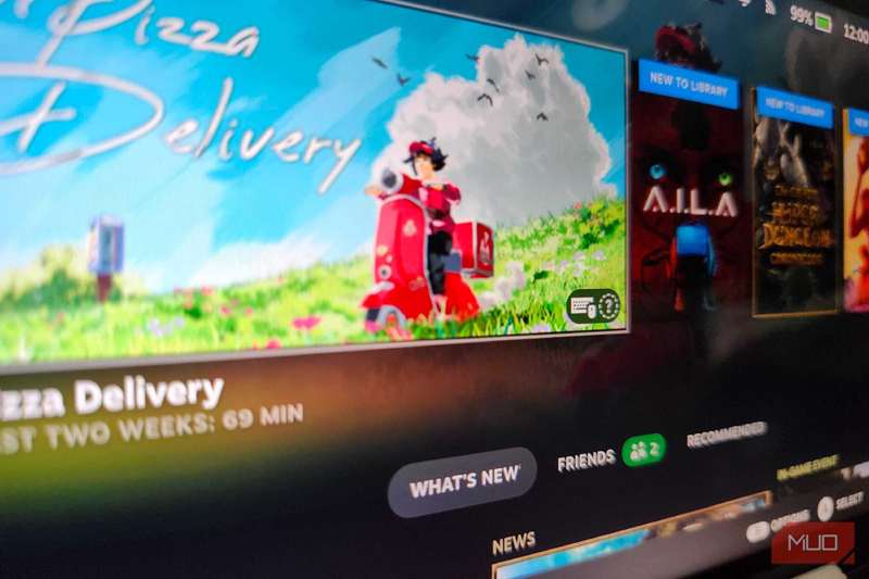 یک کاشی از Steam OS، نمایش بازی «A Pizza Delivery» در حالت تصویر بزرگ Steam روی ROG Ally X