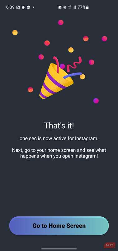 صفحهٔ موفقیت در one sec که فعال‌سازی برای اینستاگرام را تأیید می‌کند.