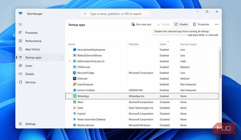 مدیر وظیفه نمایش برگه برنامه‌های راه‌اندازی