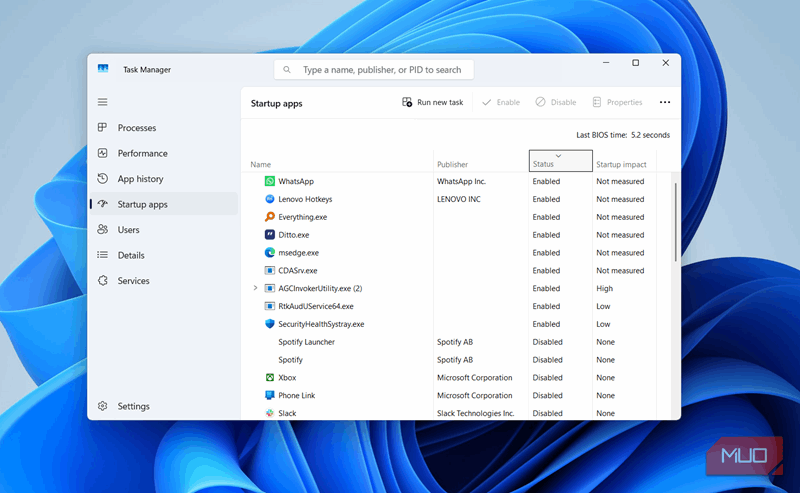 زبانه برنامههای راهاندازی مدیر وظیفه که زمان BIOS را نشان میدهد