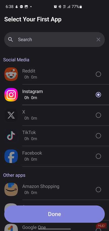 صفحهٔ انتخاب برنامه در برنامهٔ one sec.