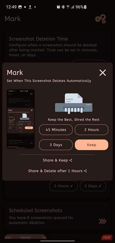 پاپ‌آپ تأیید حذف خودکار در برنامه مارک.