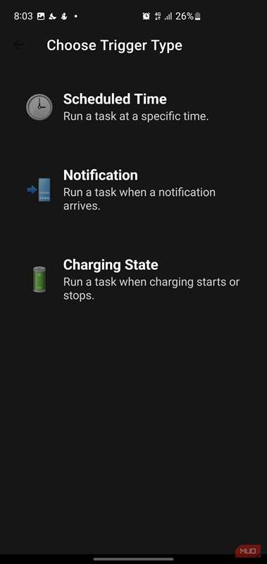 منوی Choose Trigger Type که گزینه‌های خودکارسازی را فهرست می‌کند.