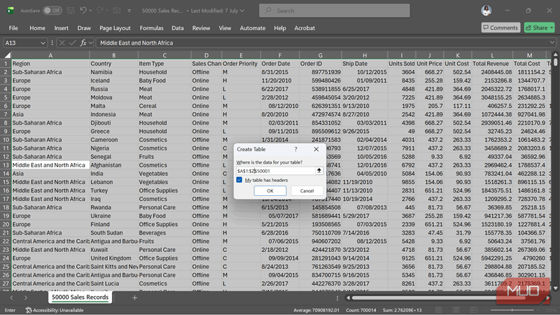 پنجرهٔ گفت‌وگو ایجاد جدول در اکسل برای ساخت جدول با ۲۶ ستون و ۵۰۰۰۱ ردیف.