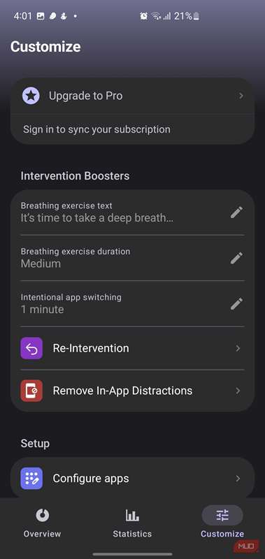 منوی سفارشی‌سازی در برنامهٔ one sec.