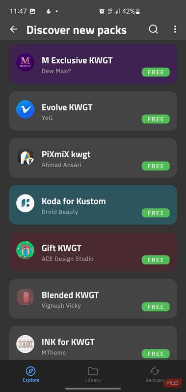 لیست 'کشف بسته‌های جدید' در KWGT.