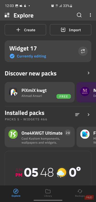زبانه Explore در KWGT که دکمه Create را نشان می‌دهد.