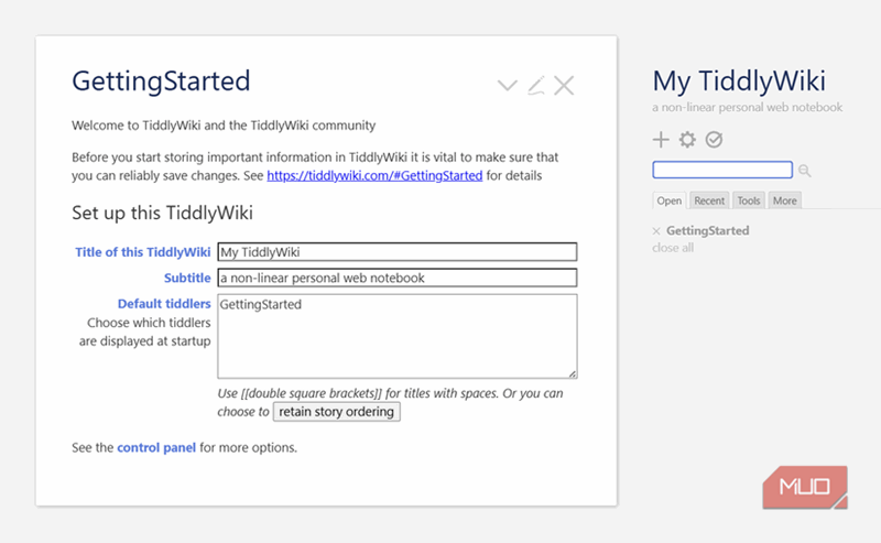 اولین چیزی که هنگام باز شدن TiddlyWiki دیده می‌شود