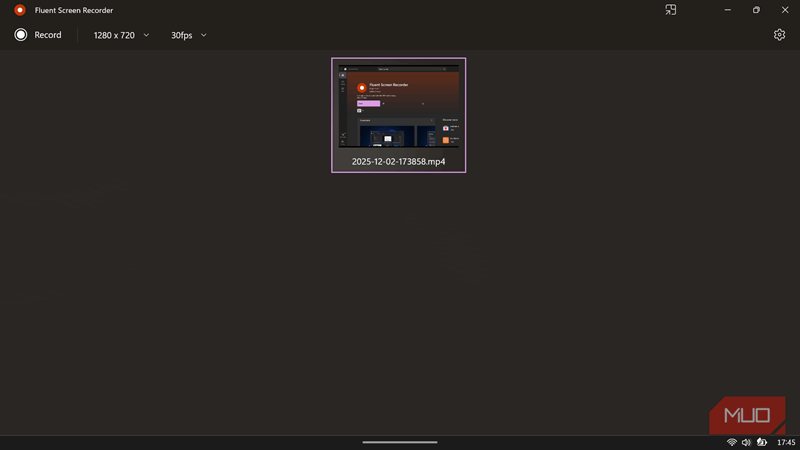کتابخانه Fluent Screen Recorder که تصویر کوچک یک ویدئوی به‌تازگی ضبط‌شده را نشان می‌دهد