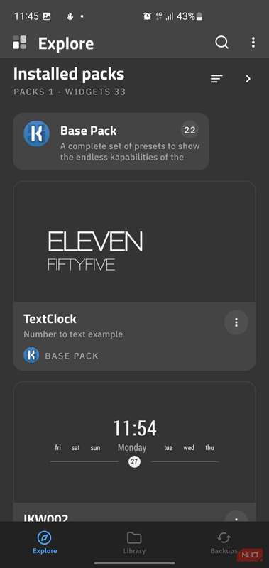کتابخانه بسته پایه KWGT که پیش‌تنظیمات ویجت را نمایش می‌دهد.