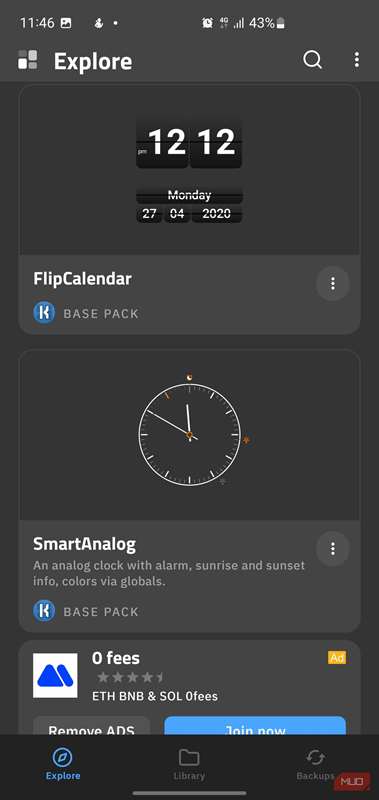 زبانه Explore در KWGT که پیش‌تنظیمات بسته پایه را نمایش می‌دهد.