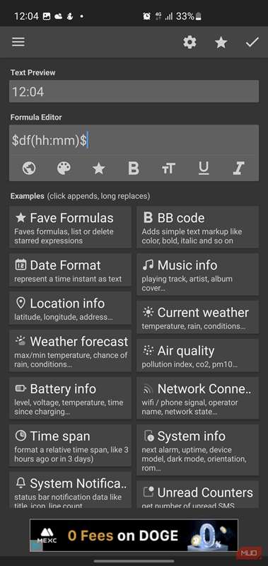ویرایشگر فرمول KWGT که کد قالب‌بندی زمان را همراه با پیش‌نمایش متن نشان می‌دهد.
