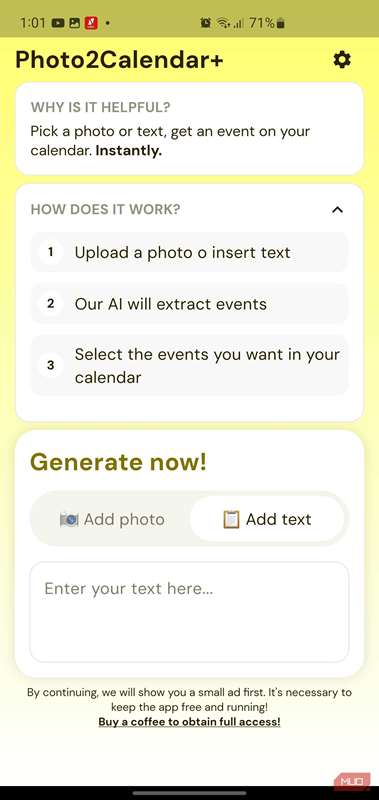 پنل اصلی Photo2Calendar که گزینه‌های ورودی متن را نمایش می‌دهد