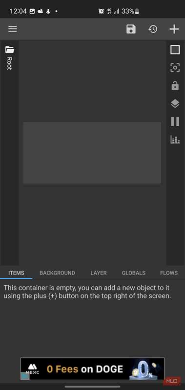 فضای کاری اصلی در ویرایشگر KWGT.