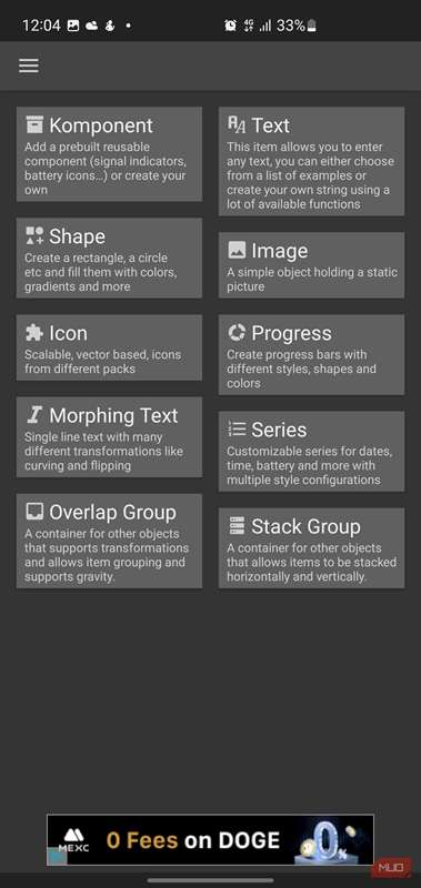 منوی انتخاب اشیاء در ویرایشگر KWGT.