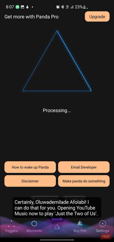 رابط برنامه پاندا که پاسخ متنی تأیید می‌کند که YouTube Music در حال باز شدن است.